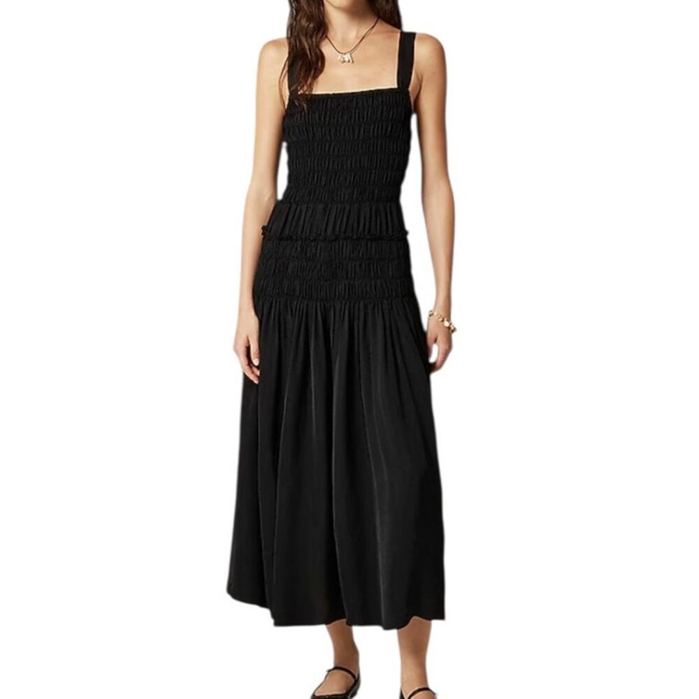 J.CREW Smocked Drop Waist Silky Midi Dress Black XXS NWT Resort LBD Spring